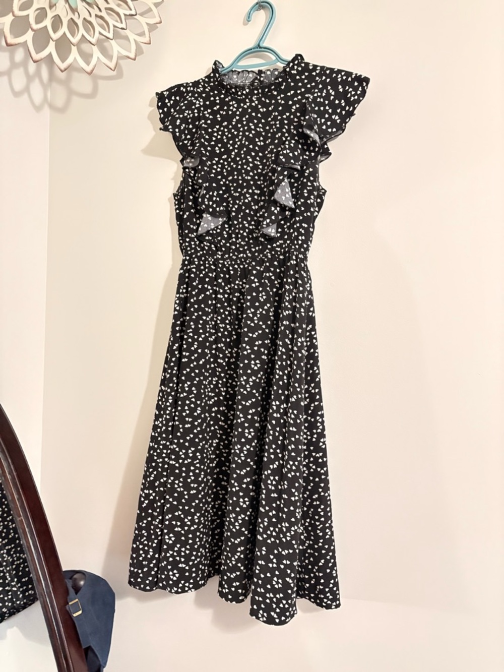 SHEIN Black Dress with White Heart Print and Ruffle Trim